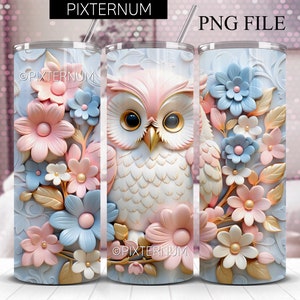 シームレスな 3D フクロウ タンブラー ラップ、ピンクとブルーの花の PNG 3D タンブラー デザイン、ストレート 20 オンス スキニー タンブラー、昇華デザイン