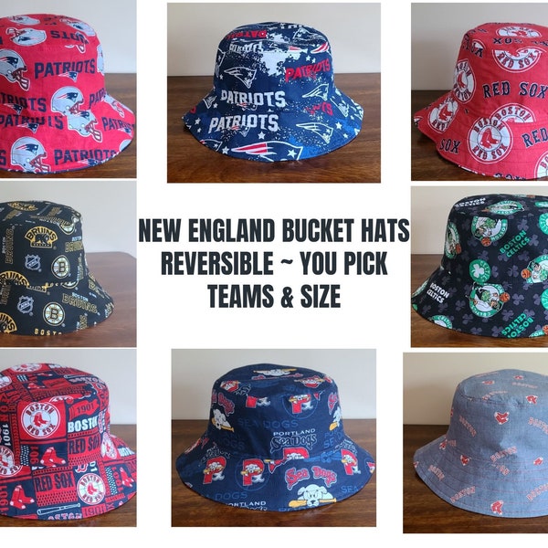 Custom Bucket Hat New England Teams REVERSIBLE,FREE SHIPPING Pick design,Various Sizes,Handmade,Patriots Red Sox Celtics Bruins Sea Dogs