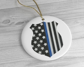 Thin Blue Line Police Badge Ceramic Holiday Ornament