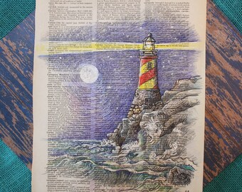 DICTIONARY ART Lighthouse Drawing, Affordable Original Artwork, Seascape Art, Lighthouse Art, Nautical Scenery, Coastal Art