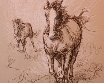 RUNNING HORSES, Original Artwork, Equine Art, Mixed Media Horse Drawing on Heavy Paper Art, Animal Art, Horse Art