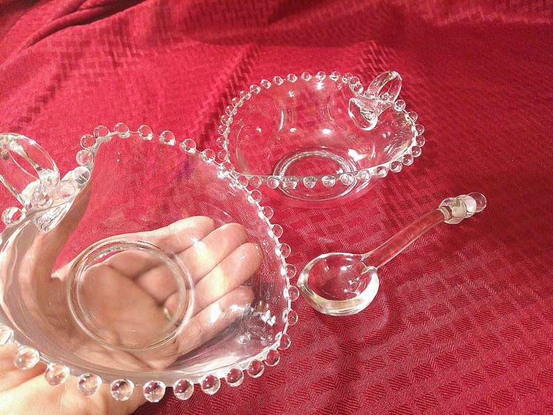 GLASS BUBBLE BOWLS, Glass Heart Shaped Bubble Edged Serving Bowls With Handles, Unique Glass Serving Ware, Cute Glass Bowls /B image 3