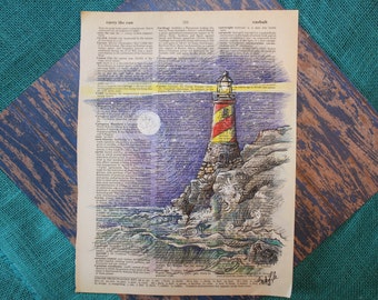 Dictionary Art, Lighthouse Drawing, Affordable Original Artwork, Seascape Art, Lighthouse Art, Nautical Scenery, Coastal Art