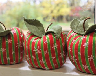 HANDMADE CHRISTMAS APPLES Red/Green Stripes, Oversize Fabric Fruit, Poly Fil Stuffed Faux Fruit, Huge Stuffed Apples, Harvest Farmhouse