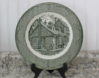 THE OLD CURIOSITY Shop, Dinnerplate 10"1950's Royal China Transferware Dinnerware U.S.A. Made, Charles Dickens Derived Design, Green Pattern