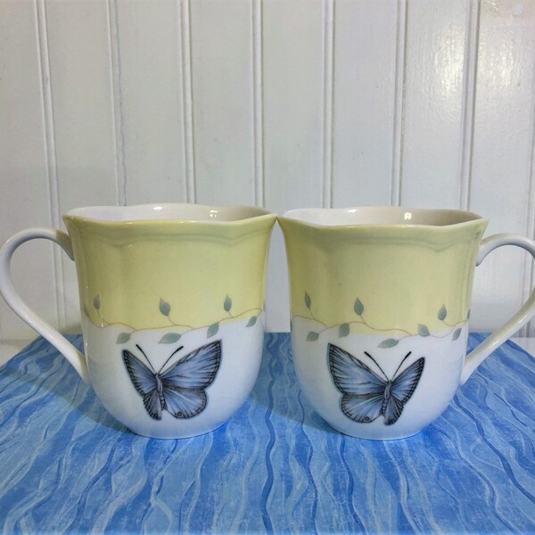 LENOX BUTTERFLY MEADOW Coffee Mug Pair, Vintage 1960's, Yellow and White, Butterfly Motif, Porcelain China Hot Beverage Cup