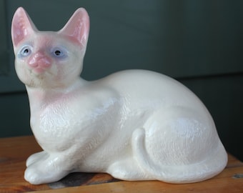 VINTAGE CAT FIGURINE, Ceramic Blue Eyed Cat, Cat Laying Down Figurine, Animal Figurine, White Cat, House Pet Cat, White Feline, Kitty Cat