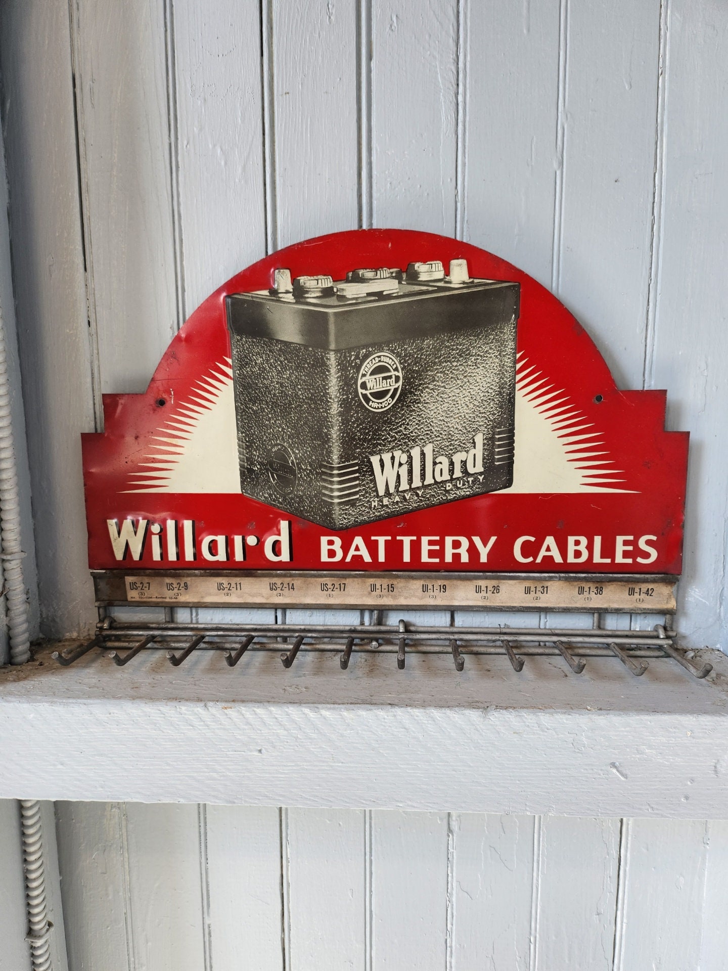 Vintage 1946 Willard Battery Cable Rack - Embossed Signage - Metal Hanger - Gas and Oil Collectibles