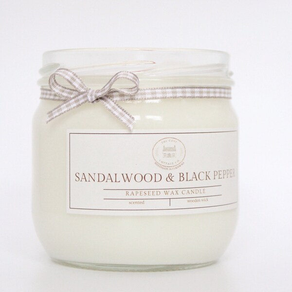 Sandalwood & Black Pepper Scented Rapeseed Wax Candle | Hand Poured | Honey Jar Candle | Woody  Home Fragrance | Cosy, Cornish Candles