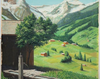 Exquisite Vintage Oil Painting of Alpine Valley Landscape Snowy Mountain 22x28"