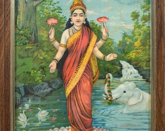 Rare Antique Hindu Lithograph Lakshmi Mostly Calcutta Art Studio Collection 1