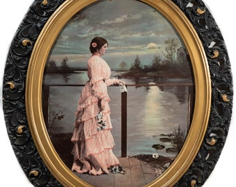 Beautiful Antique Lithograph Victorian Female Portrait Under Full Moon FINE!