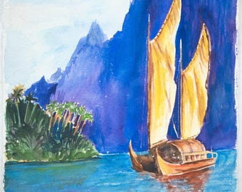 Beautiful Impressionist Painting South Pacific Island Landscape Harriett Propst 20x12.5"