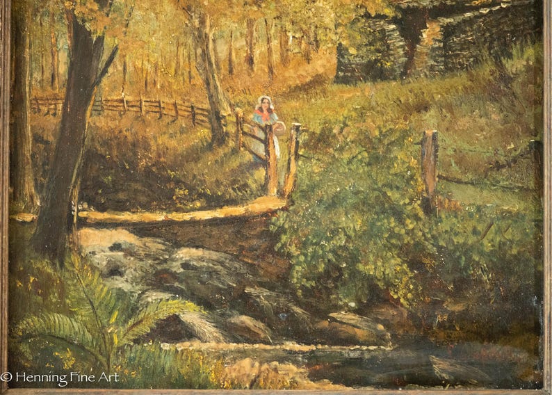Stunning Antique Landscape Oil Painting Wooded Ruins With Figure Framed ...