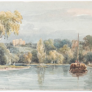 Antique English Watercolor River Landscape w/ Castle & Sketch of Pole Skiff Verso, C. 1810