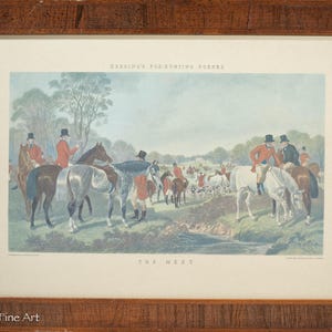Beautiful Vintage English Fox Hunting Landscape Lithograph, Burl Wood Frame 1/2