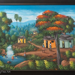 Stunning Large Haitian Oil Painting Colorful Mountain Village with Figures by Louis Murat