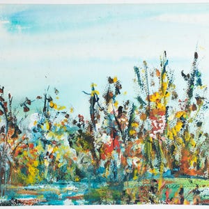 May include: An abstract watercolor painting depicting a landscape with a light blue sky and colorful foliage. The artwork features a mix of blues, greens, yellows, and reds, creating a vibrant and textured scene.