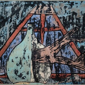 Mixed Media Painting on Paper, Abstract Figure & Forms, Unsigned, NICE!