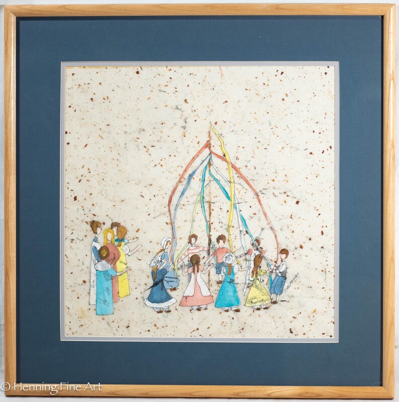 Beautiful Vintage Painting of Maypole Dance With Children Signed