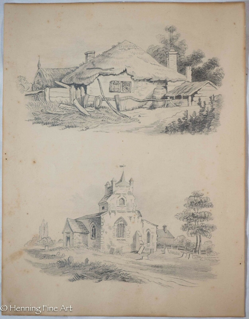 Antique 19th Century Pencil Drawing of Cottage and Stone Church - Etsy