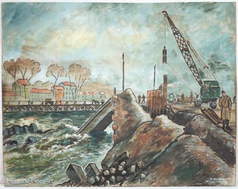 Gorgeous WWII French Painting by M. Rondeaux 1944 Welding Construction 15x19"
