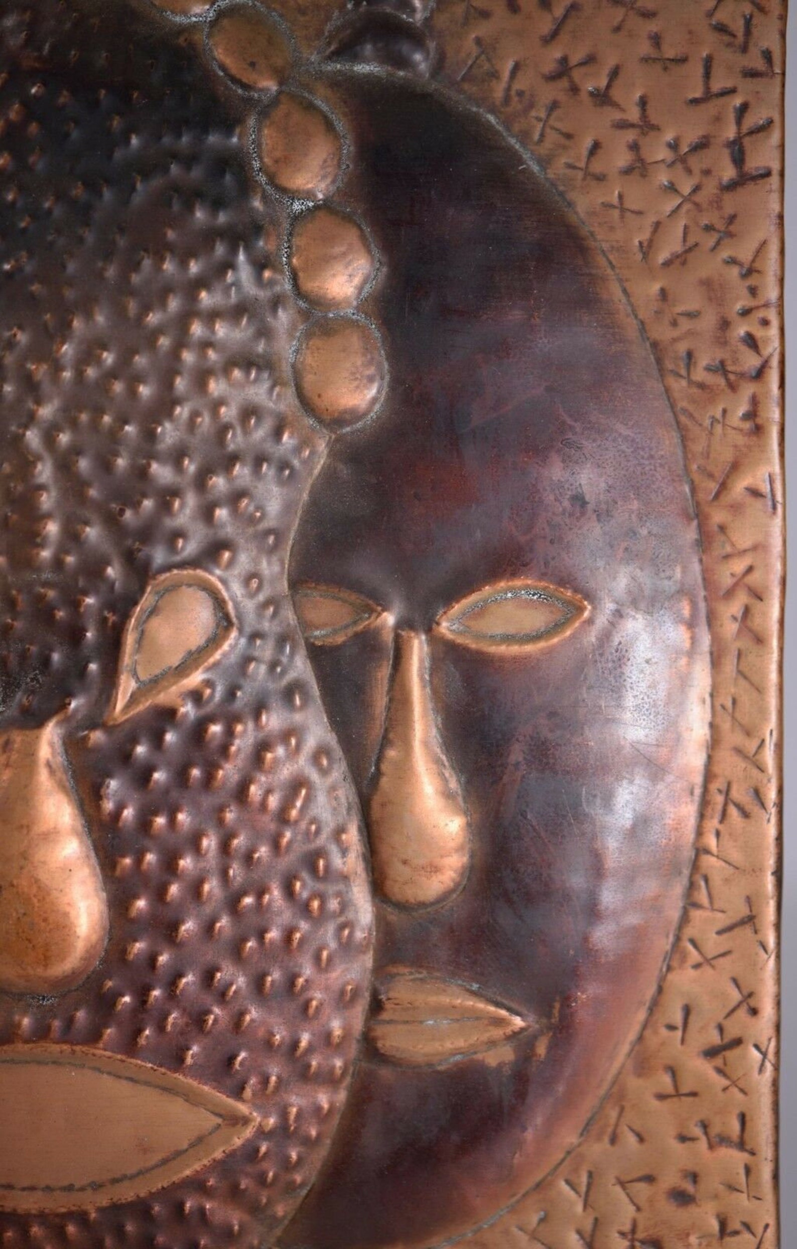 Vintage African Hammered Copper Folk Art Wall Plaque 3 Masks Etsy