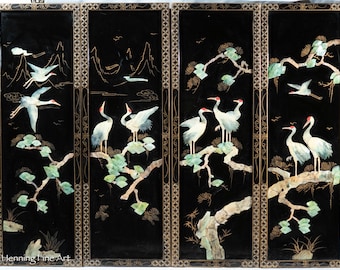 Beautiful Mid Century Chinese Black Lacquer Wall Panels Red Cranes in Mountain Trees