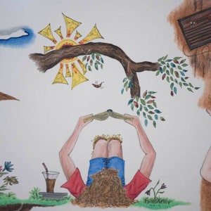 Puede incluir: Una ilustraci&oacute;n dibujada a mano de una persona tumbada de espaldas, leyendo un libro, con un vaso de t&eacute; helado y una peque&ntilde;a planta a su lado. La persona tiene el pelo casta&ntilde;o y lleva una camisa roja y unos vaqueros azules. El fondo es un cielo azul claro con un sol amarillo y un &aacute;rbol verde.