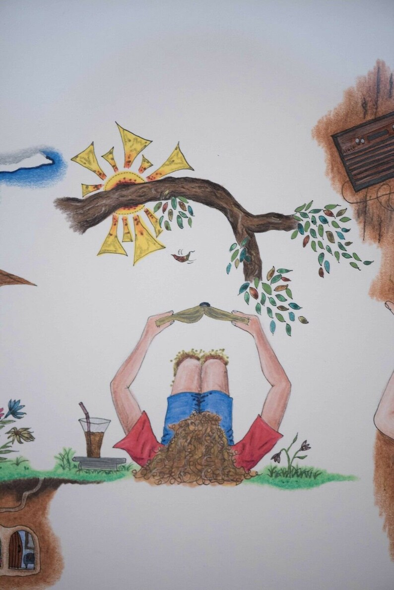 Puede incluir: Una ilustraci&oacute;n dibujada a mano de una persona tumbada de espaldas, leyendo un libro, con un vaso de t&eacute; helado y una peque&ntilde;a planta a su lado. La persona tiene el pelo casta&ntilde;o y lleva una camisa roja y unos vaqueros azules. El fondo es un cielo azul claro con un sol amarillo y un &aacute;rbol verde.
