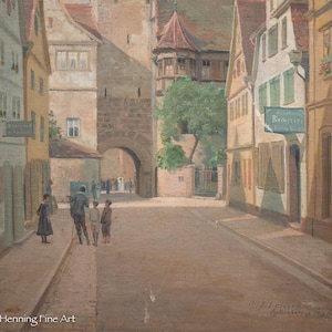 May include: A painting of a street scene in a European town. The street is lined with old buildings, and there are people walking around. There is a sign on one of the buildings that says "Zweifel's Brauerei, Wirts Haus".