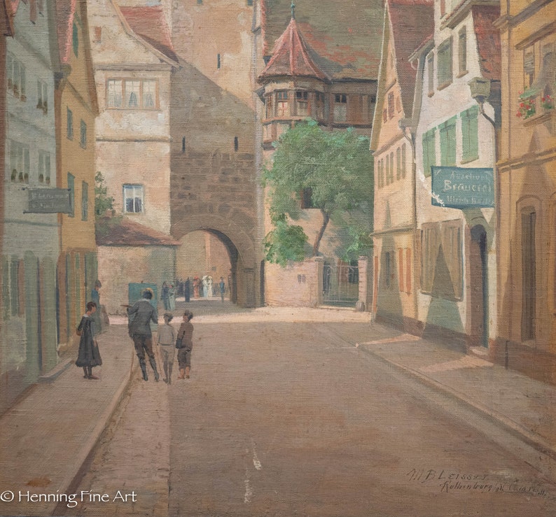 May include: A painting of a street scene in a European town. The street is lined with old buildings, and there are people walking around. There is a sign on one of the buildings that says "Zweifel's Brauerei, Wirts Haus".