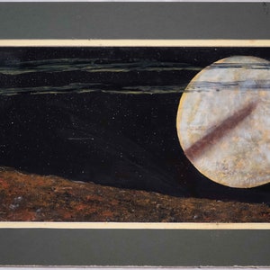 May include: A painting of a large, full moon with a dark brown streak across its surface. The moon is set against a dark blue night sky with a few white stars and thin, light green clouds. The bottom of the painting shows a dark brown, rocky landscape.