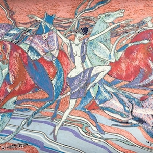 May include: A colorful abstract painting of a woman riding a horse. The woman is wearing a hat and a long dress. The horse is white with blue and red accents. The background is a light pink color with blue and purple swirls.