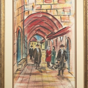 Beautiful Mid Century Painting of Jerusalem Street Scene Illegibly Signed Judaic