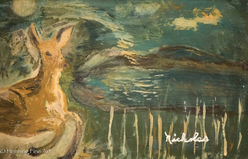 American Oil Painting Naive Art Movement of Doe in Night Landscape by Nicholas