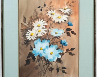Beautiful Vintage Painting of Blue and White Daisy Flowers Signed & Framed