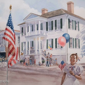 May include: A watercolor painting of a street scene with a parade of people in uniform marching down the street. There is a large American flag waving in the wind. A young girl is holding a smaller American flag and smiling. There is a white house with green shutters in the background.