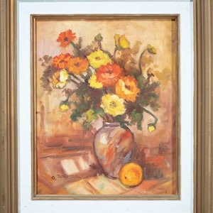Beautiful Vintage Oil Painting of Orange Floral Still Life Vase Framed, Signed!