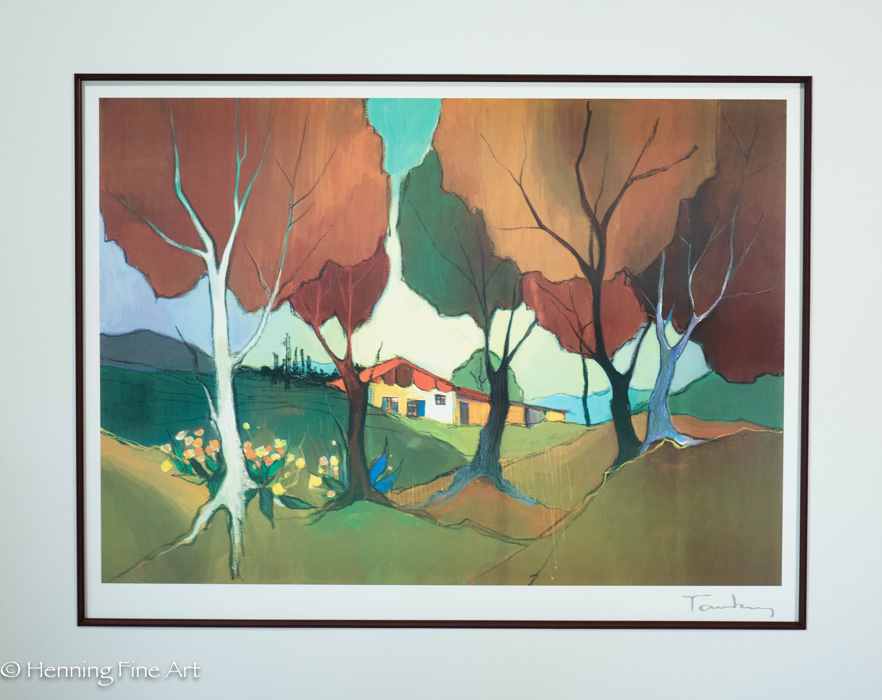 Beautiful Itzchak Tarkay Landscape Red Roof With Trees and Flowers