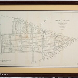 May include: A black and white map of Highland Farm, a residential township in Montgomery County, Pennsylvania. The map shows the layout of the streets and lots in the township.