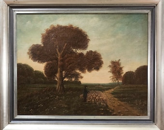 Stellar Antique Oil Painting, Signed American Landscape, Shepard w/ Dog, NICE!