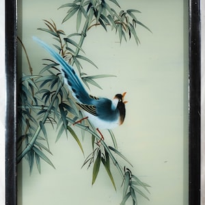 Beautiful Vintage Chinese Reverse Glass Painting of Bird and Bamboo 23 x 16.25&quot;