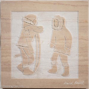 Beautiful Vintage David Bernett Inuit Carving of Hunters Signed, Fine Marble