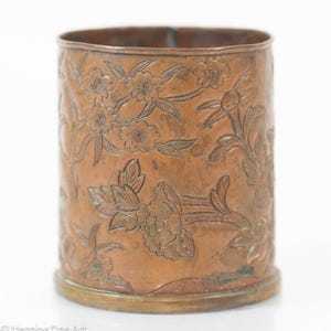 Beautiful Trench Art Vase with Flowering Cherry Blossom Tree 3.25&quot; Tall, Fine!