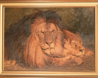 Antique Oil Painting "Lion and Lioness" Signed A. Rutz, After Geza Vastagh, FINE