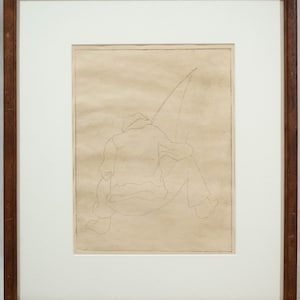May include: A black and white line drawing of a person sitting with a fishing rod. The drawing is on a light brown paper.