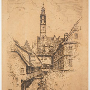 Antique Etching Romantic Germany City Hall Rathaus Tower Courtyard 20th Century
