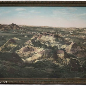Beautiful Antique American Western Landscape Hand Colored Photograph of Badlands