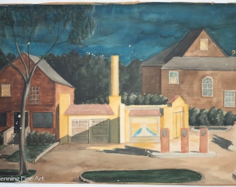 Antique Painting 1934 American Gas Station Women Window Illegibly Signed 18x25"